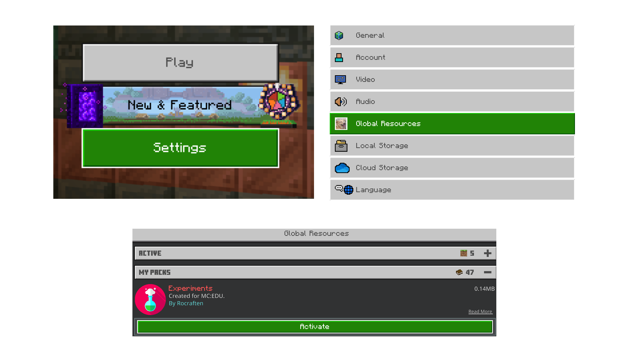 Minecraft Global Resources screen showing pack activation
